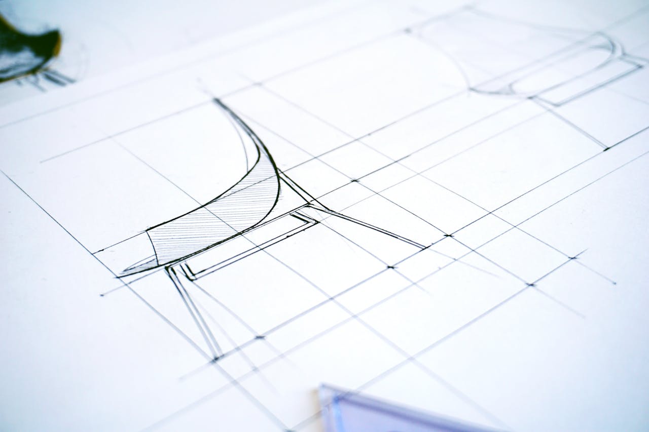 Detailed sketch of a modern chair design showcasing precise lines and geometric shapes.